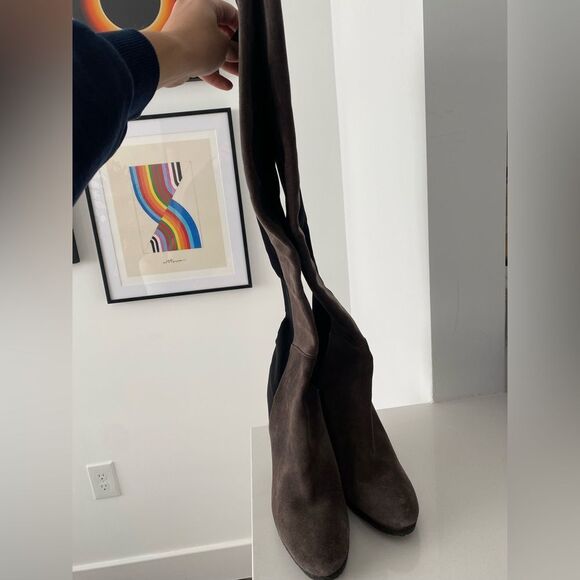 Stuart Weitzman Demiswoon Dark Gray Suede Over the Knee Wedge Boots - Picture 4 of 10